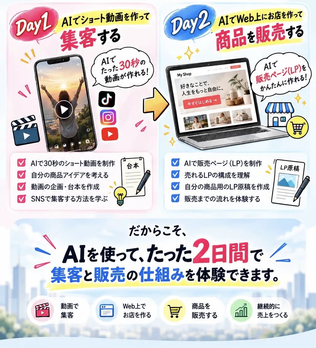 Day1 AIでショート動画を作って集客。Day2 AIで販売ページを作って商品を販売。AIを使って2日間で集客と販売を体験