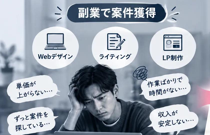 案件獲得に悩みながらパソコンに向かう男性