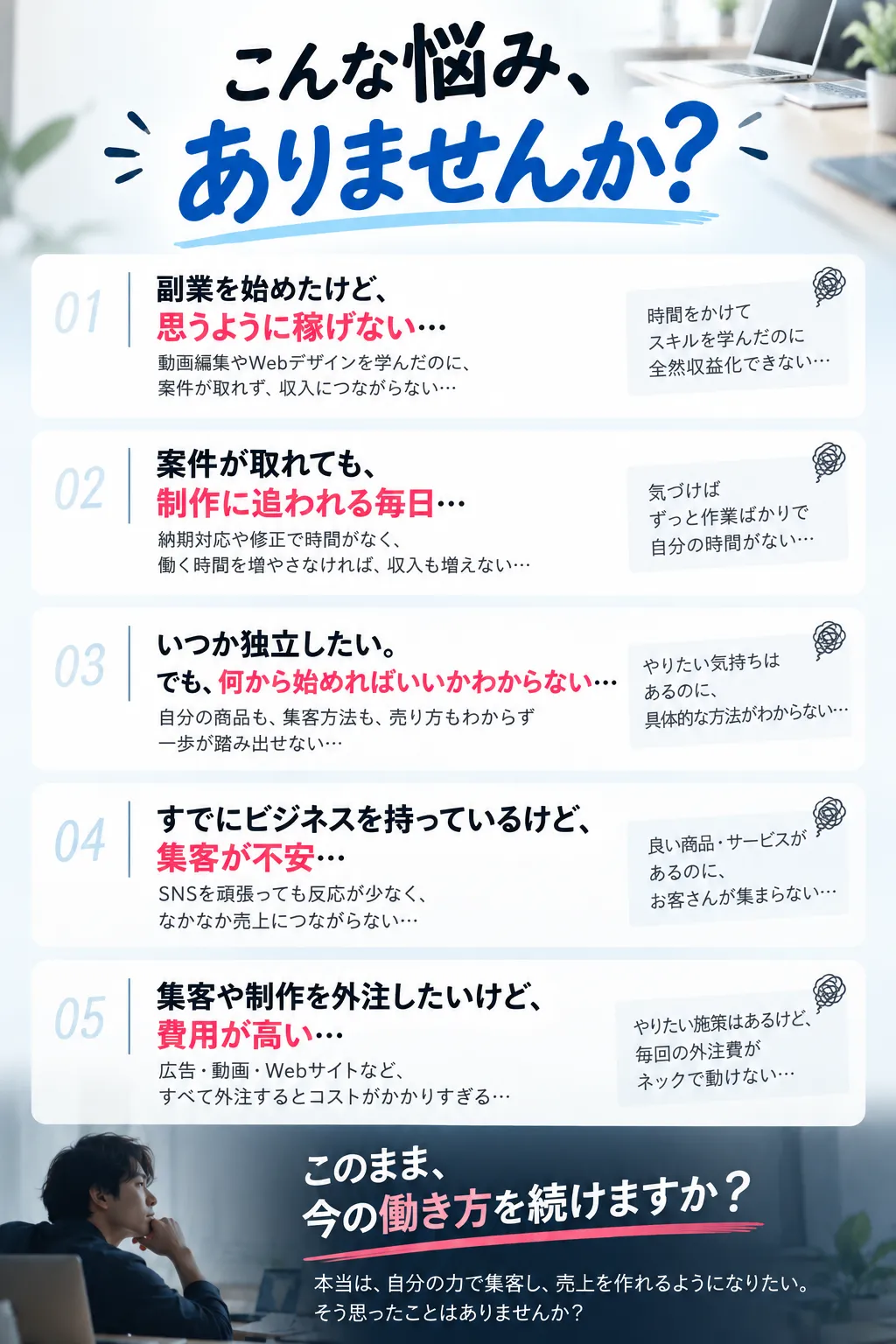 副業で思うように稼げない、制作に追われる、独立の始め方がわからない、集客が不安、外注費が高いなどのお悩み